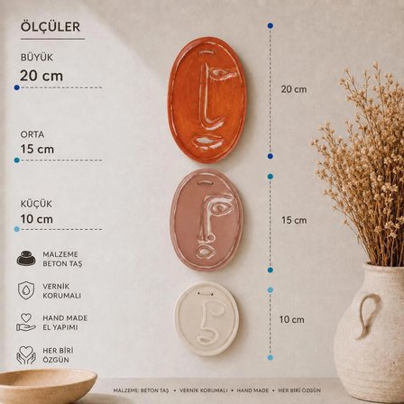 Soyut Renkli Minimal Yüzler Serisi – 3’lü El Yapımı Beton Duvar Dekoru