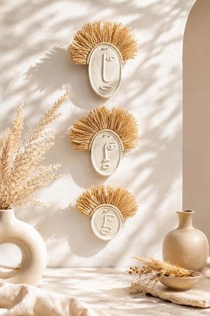 El Yapımı Beton Yüz Duvar Süsü 3'lü Set Rafya Saçlı Boho Ev Dekorasyonu