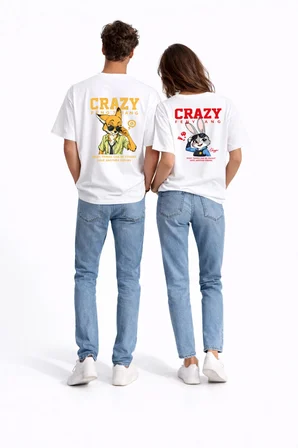 Sevgili Kombini Crazy Animal Baskılı Çift Tişört Oversize Unisex Çift Kombin Karikatür Çift Set