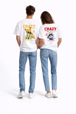 Sevgili Kombini Crazy Animal Baskılı Çift Tişört Oversize Unisex Çift Kombin Karikatür Çift Set