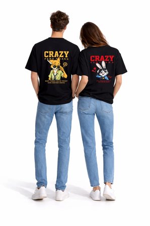 Sevgili Kombini Crazy Animal Baskılı Çift Tişört Oversize Unisex Çift Kombin Karikatür Çift Set