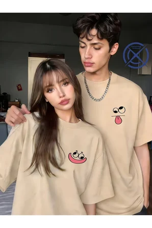 sevgili kombini tişört 2’li set unisex minimal yüz baskılı çift tişört %100 pamuk