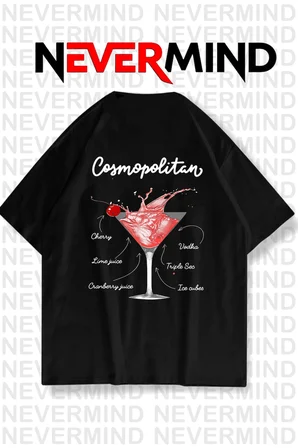 Kadın Oversize Pamuk Tişört - Cosmopolitan Kokteyl Desenli