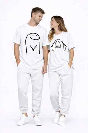 Sevgili Kombini Çift Tişört Oversize Unisex Matching Couple Minimal Çizim Tasarım Çift Kombin Seti