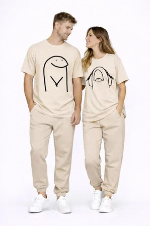 Sevgili Kombini Çift Tişört Oversize Unisex Matching Couple Minimal Çizim Tasarım Çift Kombin Seti