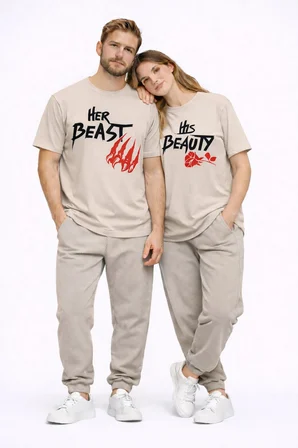 Sevgili Kombini Her Beast His Beauty Oversize Çift Tişört Unisex Partner Couple Kombin Seti