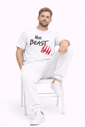 Sevgili Kombini Her Beast His Beauty Oversize Çift Tişört Unisex Partner Couple Kombin Seti