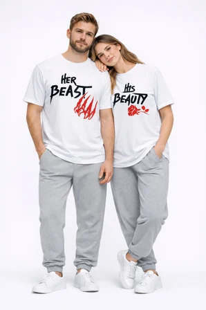 Sevgili Kombini Her Beast His Beauty Oversize Çift Tişört Unisex Partner Couple Kombin Seti