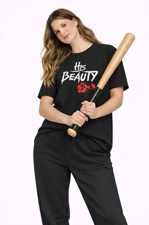 Sevgili Kombini Her Beast His Beauty Oversize Çift Tişört Unisex Partner Couple Kombin Seti