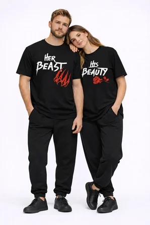 Sevgili Kombini Her Beast His Beauty Oversize Çift Tişört Unisex Partner Couple Kombin Seti