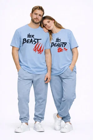 Sevgili Kombini Her Beast His Beauty Oversize Çift Tişört Unisex Partner Couple Kombin Seti