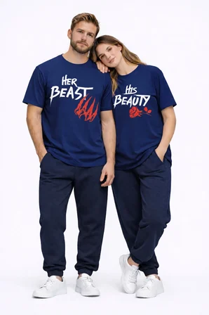 Sevgili Kombini Her Beast His Beauty Oversize Çift Tişört Unisex Partner Couple Kombin Seti