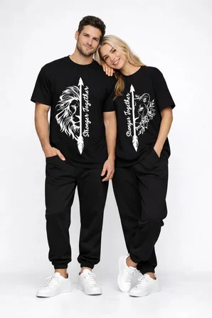 Sevgili Kombini Oversize Çift Tişört Unisex Matching Couple Stronger Together Baskılı Partner Set