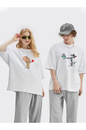 unisex kadın erkek tom ve jerry baskılı sevgili çift kombini tasarım oversize t-shirt 2'li set
