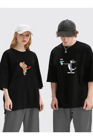 unisex kadın erkek tom ve jerry baskılı sevgili çift kombini tasarım oversize t-shirt 2'li set