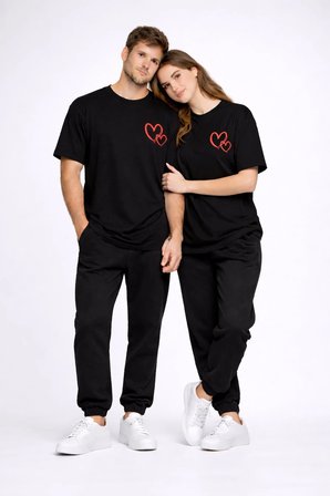 Sevgili Kombini Kalp Baskılı Oversize Çift Tişört Unisex Uyumlu Partner Kombin Seti