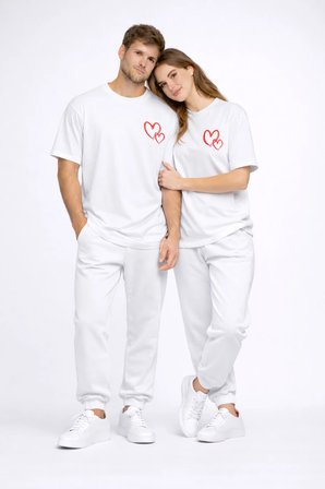 Sevgili Kombini Kalp Baskılı Oversize Çift Tişört Unisex Uyumlu Partner Kombin Seti