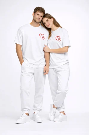 Sevgili Kombini Kalp Baskılı Oversize Çift Tişört Unisex Uyumlu Partner Kombin Seti