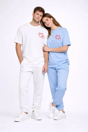 Sevgili Kombini Kalp Baskılı Oversize Çift Tişört Unisex Uyumlu Partner Kombin Seti
