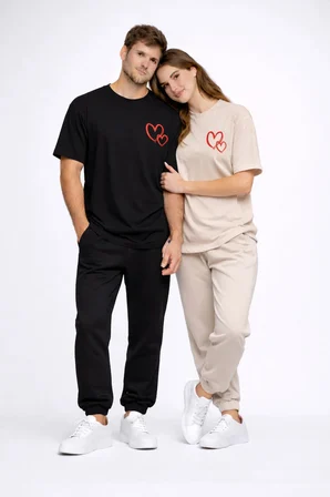 Sevgili Kombini Kalp Baskılı Oversize Çift Tişört Unisex Uyumlu Partner Kombin Seti