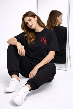 Sevgili Kombini Kalp Baskılı Oversize Çift Tişört Unisex Uyumlu Partner Kombin Seti