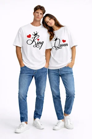King Queen Sevgili Kombini Çift Tişört Matching Couple Oversize Unisex Partner Kombin Seti