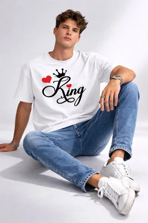 King Queen Sevgili Kombini Çift Tişört Matching Couple Oversize Unisex Partner Kombin Seti