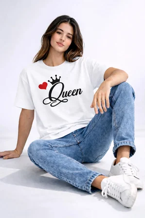 King Queen Sevgili Kombini Çift Tişört Matching Couple Oversize Unisex Partner Kombin Seti