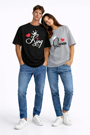 King Queen Sevgili Kombini Çift Tişört Matching Couple Oversize Unisex Partner Kombin Seti