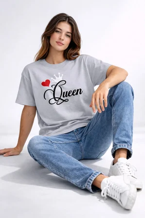 King Queen Sevgili Kombini Çift Tişört Matching Couple Oversize Unisex Partner Kombin Seti