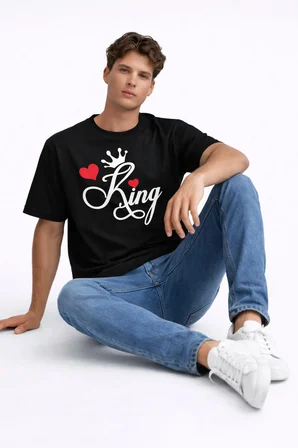 King Queen Sevgili Kombini Çift Tişört Matching Couple Oversize Unisex Partner Kombin Seti