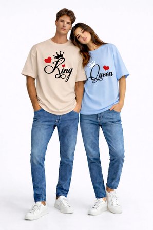 King Queen Sevgili Kombini Çift Tişört Matching Couple Oversize Unisex Partner Kombin Seti