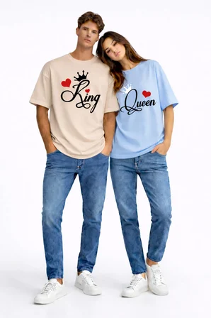 King Queen Sevgili Kombini Çift Tişört Matching Couple Oversize Unisex Partner Kombin Seti