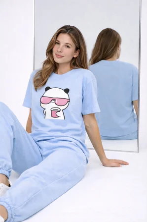 Sevgili Kombini Panda Bardak Baskılı Çift Tişört Oversize Unisex Partner Kombin Çift Seti Hediye