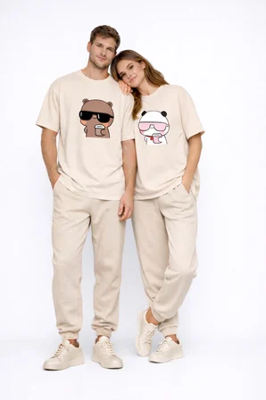 Sevgili Kombini Panda Bardak Baskılı Çift Tişört Oversize Unisex Partner Kombin Çift Seti Hediye