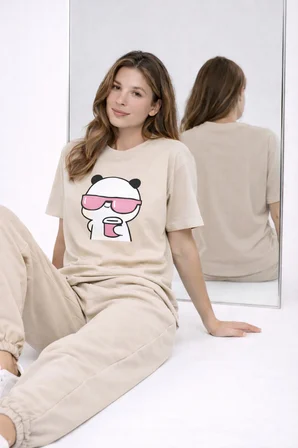 Sevgili Kombini Panda Bardak Baskılı Çift Tişört Oversize Unisex Partner Kombin Çift Seti Hediye