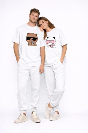 Sevgili Kombini Panda Bardak Baskılı Çift Tişört Oversize Unisex Partner Kombin Çift Seti Hediye