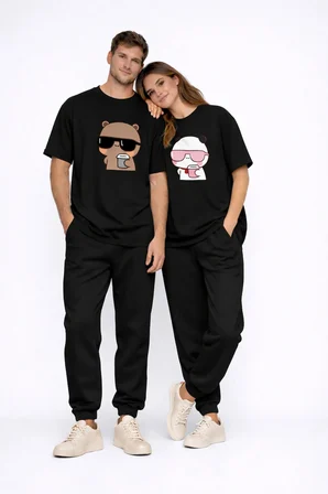 Sevgili Kombini Panda Bardak Baskılı Çift Tişört Oversize Unisex Partner Kombin Çift Seti Hediye