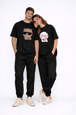 Sevgili Kombini Panda Bardak Baskılı Çift Tişört Oversize Unisex Partner Kombin Çift Seti Hediye