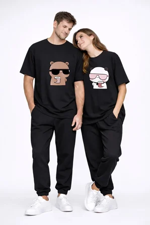 Sevgili Kombini Çift Tişört Panda Baskılı Oversize Unisex Çift Kombin Sevimli Çift Tişört Seti