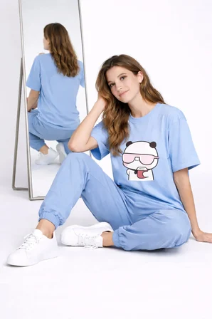 Sevgili Kombini Çift Tişört Panda Baskılı Oversize Unisex Çift Kombin Sevimli Çift Tişört Seti