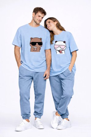 Sevgili Kombini Çift Tişört Panda Baskılı Oversize Unisex Çift Kombin Sevimli Çift Tişört Seti