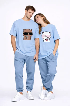 Sevgili Kombini Çift Tişört Panda Baskılı Oversize Unisex Çift Kombin Sevimli Çift Tişört Seti