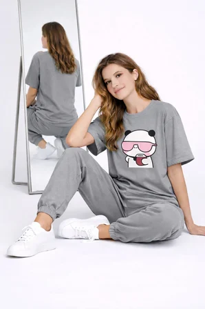 Sevgili Kombini Çift Tişört Panda Baskılı Oversize Unisex Çift Kombin Sevimli Çift Tişört Seti
