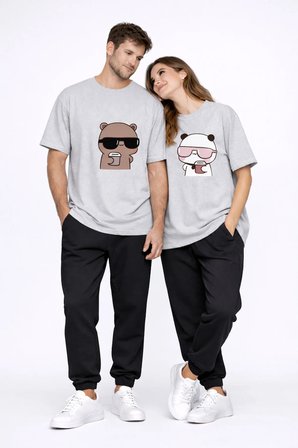 Sevgili Kombini Çift Tişört Panda Baskılı Oversize Unisex Çift Kombin Sevimli Çift Tişört Seti