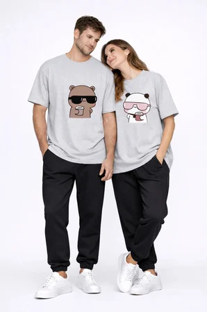 Sevgili Kombini Çift Tişört Panda Baskılı Oversize Unisex Çift Kombin Sevimli Çift Tişört Seti