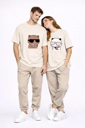 Sevgili Kombini Çift Tişört Panda Baskılı Oversize Unisex Çift Kombin Sevimli Çift Tişört Seti