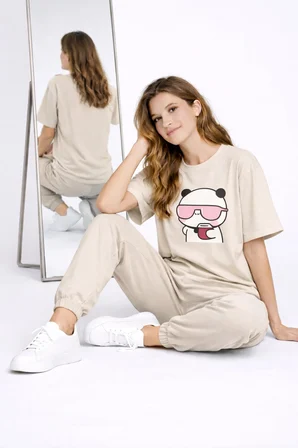 Sevgili Kombini Çift Tişört Panda Baskılı Oversize Unisex Çift Kombin Sevimli Çift Tişört Seti