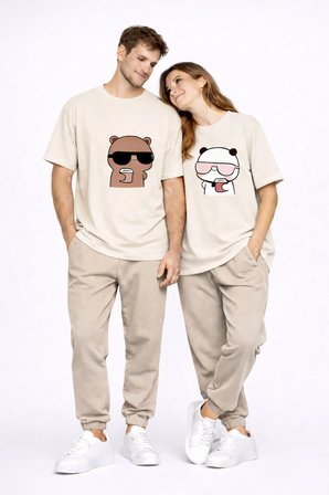 Sevgili Kombini Çift Tişört Panda Baskılı Oversize Unisex Çift Kombin Sevimli Çift Tişört Seti