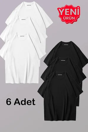 Erkek & Kadın Siyah Beyaz %100 Pamuklu 6’lı Tişört Paketi – Unisex T-Shirt